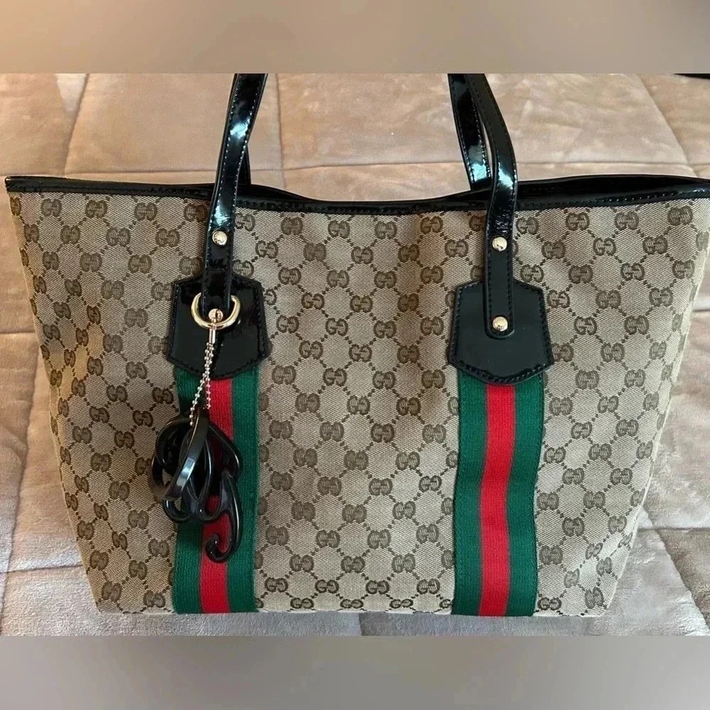 GUCCI Jolie Web Sherry Line Tote Bag GG Canvas Enamel Charms 211975 AUTH…